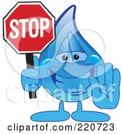 Royalty Free RF Clipart Illustration Of A Blue Water Droplet Character Holding A Stop Sign