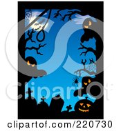 Border Of Spooky Ghosts Tombstones Spiders Bats And Pumpkins Against A Blue Night