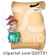Royalty Free RF Clipart Illustration Of A Halloween Witch Looking Around A Parchment Scroll With A Cauldron And Cat