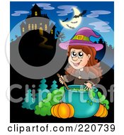 Poster, Art Print Of Witch Stirring Liquid In A Cauldron Near A Haunted House With Bats In The Sky