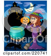 Poster, Art Print Of Witch Holding A Pumpkin Near A Haunted House With Bats In The Sky