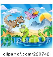 Poster, Art Print Of Three Cute Dinosaurs In A Prehistoric Landscape