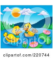 Poster, Art Print Of Pair Of Happy Ducks Swimming In A Mountainous Lake