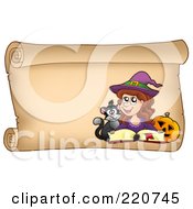 Halloween Witch On A Horizontal Parchment Scroll With A Spell Book Pumpkin And Cat