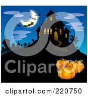 Poster, Art Print Of Three Pumpkins Near A Haunted House With Bats In The Sky