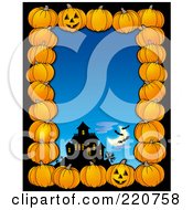 Halloween Border Of Pumpkins A Haunted House And Bats Over Blue