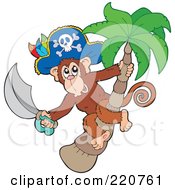 Poster, Art Print Of Pirate Monkey Holding A Sword In A Palm Tree