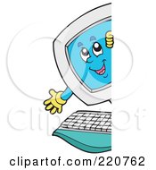 Poster, Art Print Of Happy Computer Character Looking And Smiling Around A Blank Sign