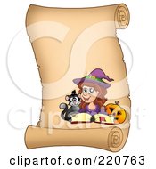 Halloween Witch On A Vertical Parchment Scroll With A Spell Book Pumpkin And Cat