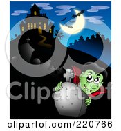 Poster, Art Print Of Vampire Looking Over A Tombstone Near A Haunted House With Bats In The Sky