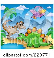 Poster, Art Print Of Three Cute Dinos In A Prehistoric Landscape