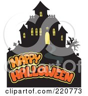 Poster, Art Print Of Orange Happy Halloween Text Over A Haunted House On A Hill