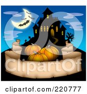 Three Pumpkins Over A Parchment Banner Near A Haunted House With Bats In The Sky