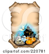 Poster, Art Print Of Aged Halloween Parchment Sign With A Haunted House Cemetery Ghost Bats And Pumpkins