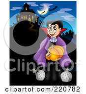 Poster, Art Print Of Vampire Carrying A Pumpkin By Tombstones Near A Haunted House With Bats In The Sky