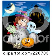Poster, Art Print Of Vapire Witch Ghost And Pumpkin By A Headstone Near A Haunted House With Bats In The Sky