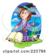 Cute Halloween Witch Waving A Wand Over A Spell Book