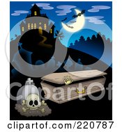 Poster, Art Print Of Skeleton Emerging From A Coffin By A Tombstone Near A Haunted House With Bats In The Sky