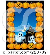 Poster, Art Print Of Halloween Border Of Pumpkins A Haunted House And Ghosts Over Blue