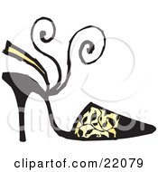 Clipart Picture Of A Womans Black High Heel Shoe With A Sandal Heel Strap And Black Vine Pattern Over Yellow by Steve Klinkel #COLLC22079-0051