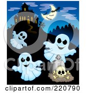 Royalty-Free Rf Clipart Illustration Of Three Ghosts Flying Near A Haunted House With Bats In The Sky