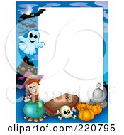 Poster, Art Print Of Halloween Frame Of A Witch With A Cauldron Coffin Pumpkins Ghost Haunted House And Ghosts