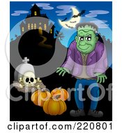 Poster, Art Print Of Frankenstein With Pumpkins And A Tombstone Near A Haunted House With Bats In The Sky