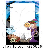 Poster, Art Print Of Halloween Frame Of A Witch Holding A Pumpkin By A Tombstone Skull Coffin And Ghost