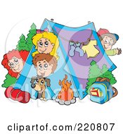Poster, Art Print Of Happy Group Of Camping Kids And A Dog Looking Out Of And Around A Tent
