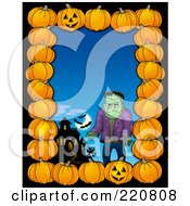 Poster, Art Print Of Halloween Border Of Pumpkins A Haunted House And Frankenstein Over Blue
