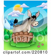 Poster, Art Print Of Cute Donkey By A Fence In A Mountainous Farmland Landscape