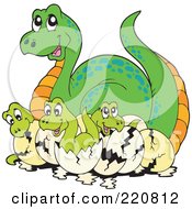 Cute Mother Dinosaur With Hatching Babies