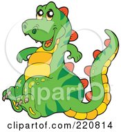 Royalty Free RF Clipart Illustration Of A Cute Green Dinosaur Smiling And Sitting