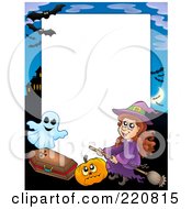 Poster, Art Print Of Halloween Frame Of A Witch Riding A Broom By A Pumpkin Coffin Ghost And Haunted House
