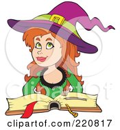 Royalty Free RF Clipart Illustration Of A Pretty Female Witch Thinking And Resting Her Handon A Spell Book by visekart