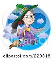 Cute Halloween Witch Flying With A Book Through A Night Sky