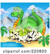 Poster, Art Print Of Royalty-Free Rf Clipart Illustration Of Hatcing Dinosaurs And Their Mom By Water