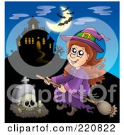 Poster, Art Print Of Witch Flying Near A Haunted House With Bats In The Sky