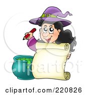 Poster, Art Print Of Cute Halloween Witch Holding A Pencil By A Blank Parchment Page And Cauldron