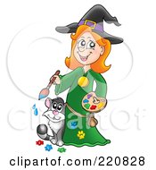 Poster, Art Print Of Cute Halloween Witch And Her Cat With Paints