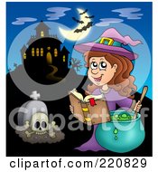 Witch Making A Spell Near A Haunted House With Bats In The Sky