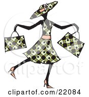 Clipart Picture Of A Happy Lady In A Patterned Dress Hat And Heels Waltzing Past And Carrying Two Shopping Bags by Steve Klinkel #COLLC22084-0051
