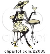 Clipart Picture Of A Fashionable Woman In Heels A Paisley Dress And Matching Hat Seated At A Cafe Table And Sipping A Cocktail by Steve Klinkel #COLLC22085-0051