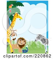 Royalty Free RF Clipart Illustration Of A Border Of A Parrot In A Tree Monkey On A Giraffe Lion Snake And Zebra by Maria Bell #COLLC220862-0034