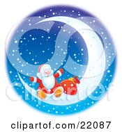Santa Claus Sitting With His Sack Of Toys On A Bright Crescent Moon In A Snowing Winter Night