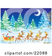 Clipart Illustration Of Santas Reindeer Pulling St Nicholas And Presents In A Sleigh Through A Forest Of Snow Flocked Evergreen Trees Under A Crescent Moon On A Snowy Winter Night