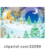 Winter Wonderland Of Snow Flocked Evergreen And Bare Trees A Well Sled And Snowman Under The Light Of A Crescent Moon In The Yard Of A House
