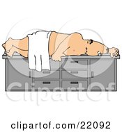 Poster, Art Print Of Nude White Man Draped In A Towel Lying On His Side On An Exam Table Witing For A Physical