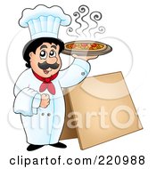 Poster, Art Print Of Male Chef Holding Up A Pizza By A Blank Sidewalk Board