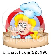 Female Chef Gesturing Ok Over A Blank Parchment Banner